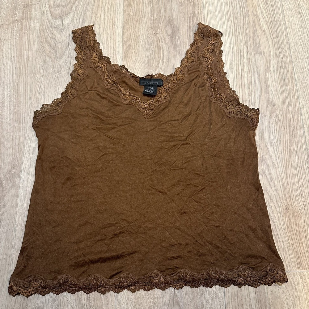 VTG Women's Silk Cotton Y2K Lace Trim Tank Top Size L Feminine. Dolcetti Preppy